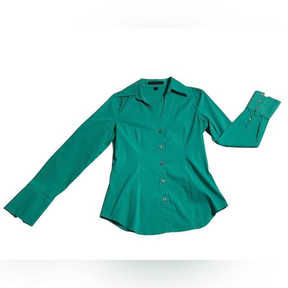 Green, fitted, button down shirt